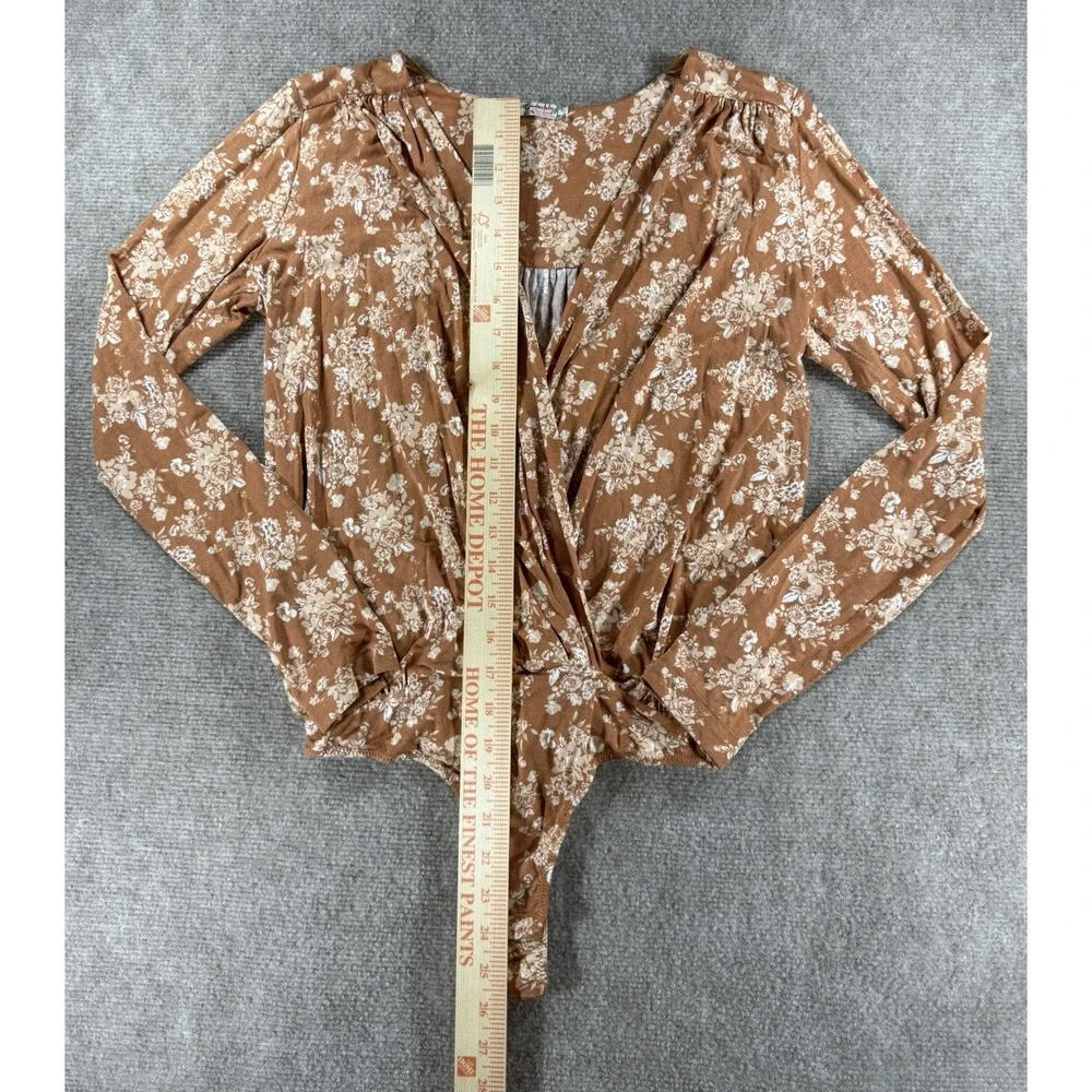 Free People Floral Surplice Wrap Long Sleeve Brown Bodysuit Top‎ Women S